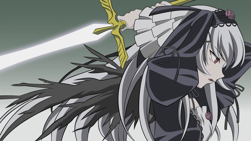 Anime Character with Sword — Gray, Dramatic, Wings, Long Hair, White