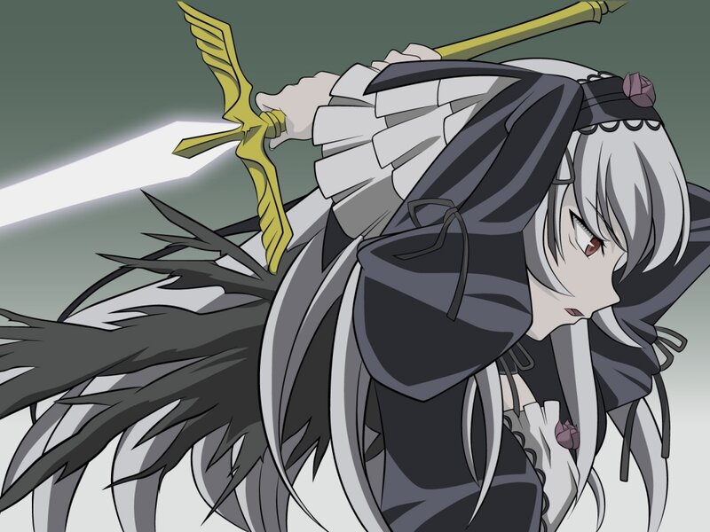 Anime Character with Sword — Gray, Dramatic, Wings
