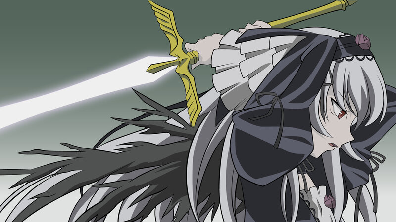 Anime Character with Sword — Gray, Dramatic, Wings, White Hair