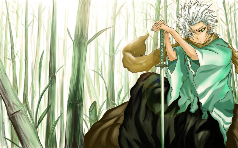 Anime Character with Sword — Green, Dramatic, Bamboo Forest