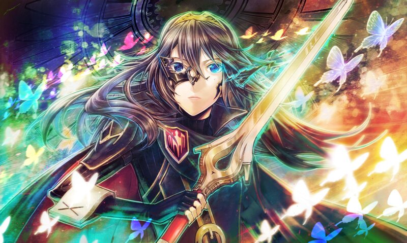 Anime Character with Sword — Green, Dramatic, Digital Art, Butterflies