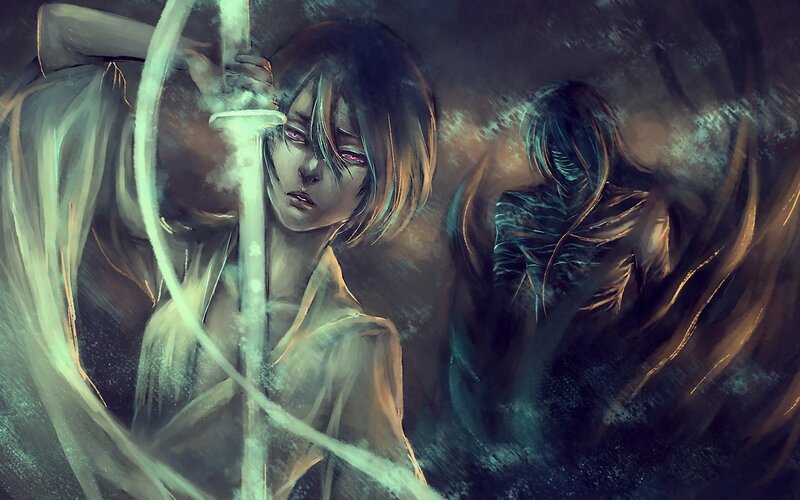 Anime Character with Sword — Green, Dramatic, Intense, Digital Art