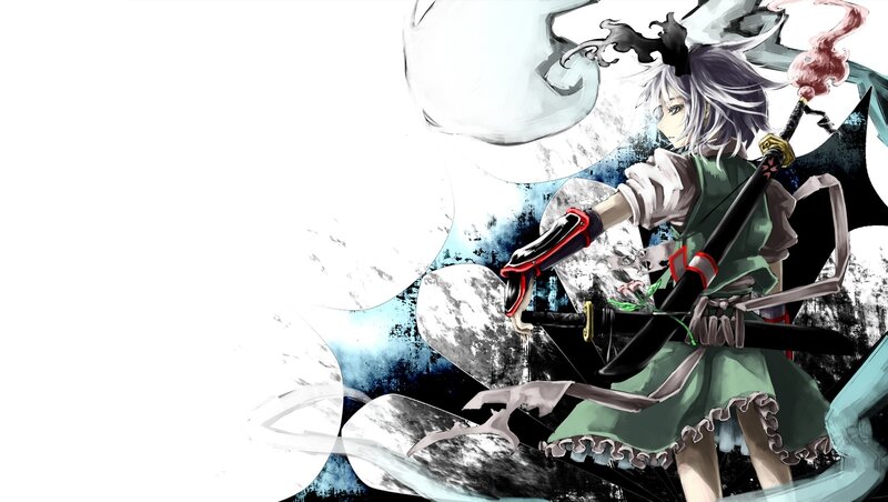 Anime Character with Sword — Green, Dramatic, Manga, White Hair