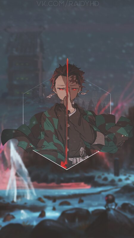 Anime Character with Sword — Green, Dramatic, Night, Flames