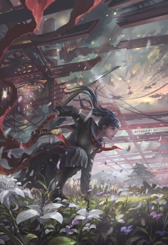 Anime Character with Sword — Green, Dramatic, Sunset, Digital Art