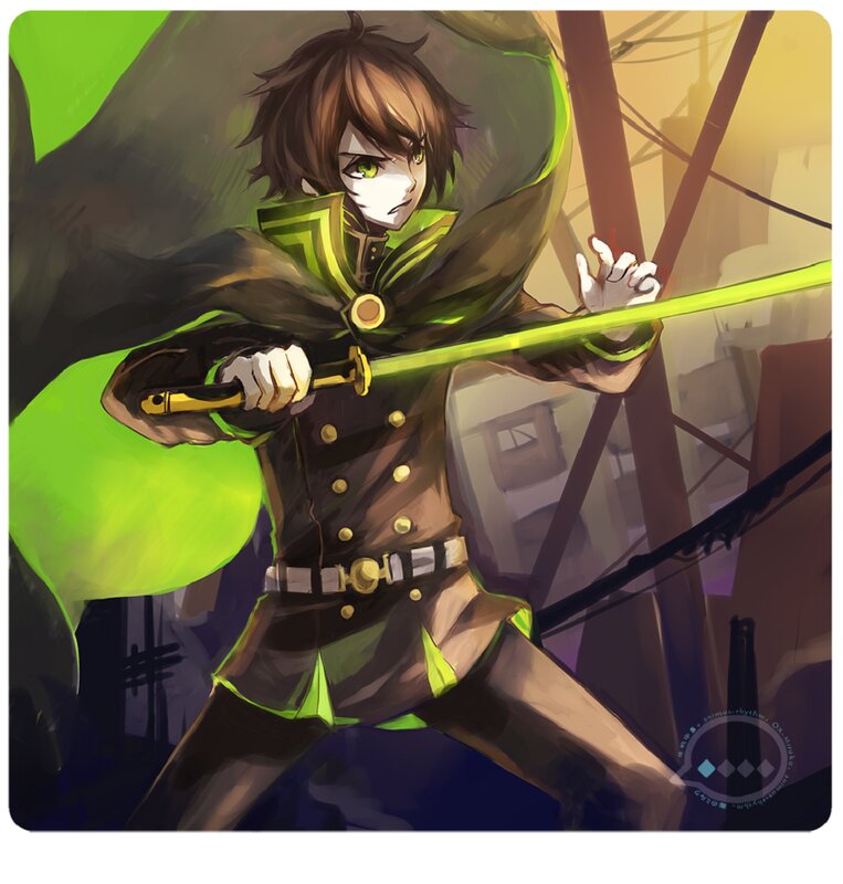 Anime Character with Sword — Green, Dramatic, Sunset