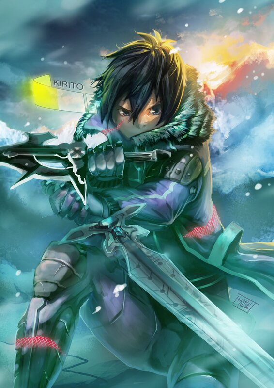 Anime Character with Sword — Green, Dramatic, Winter