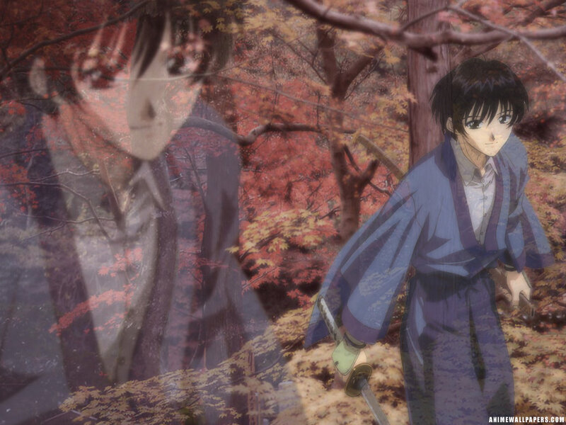 Anime character with sword in autumn forest