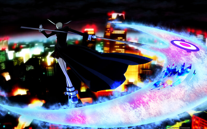 anime character with sword in city