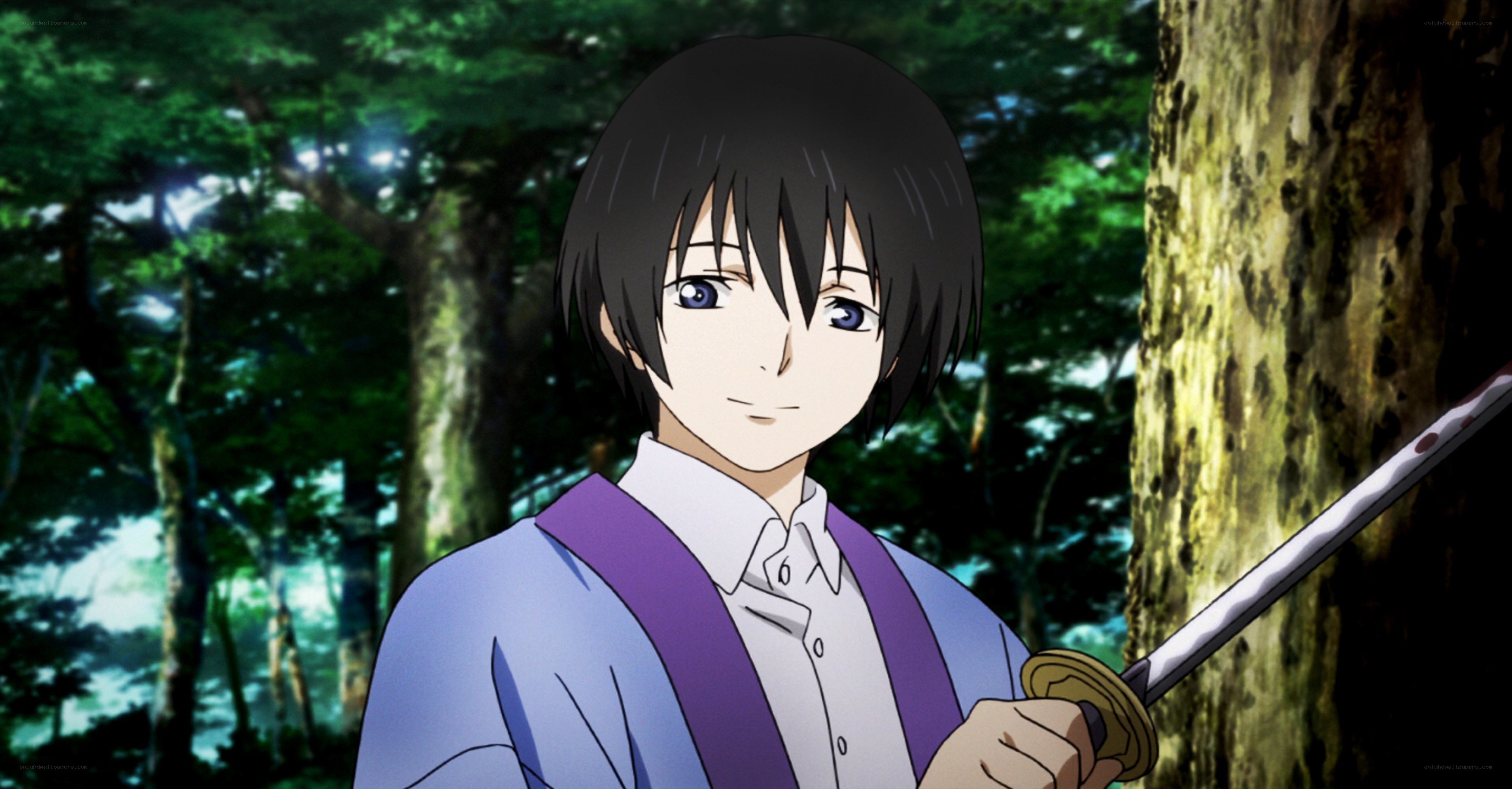 anime character with sword in forest