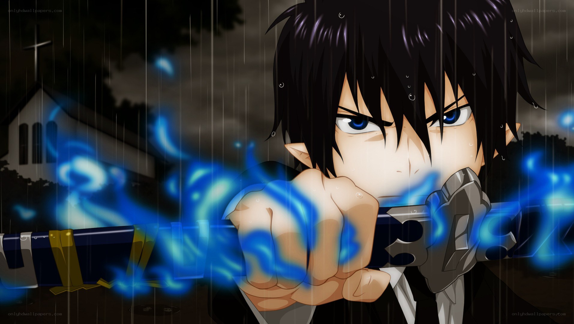 anime character with sword in rain
