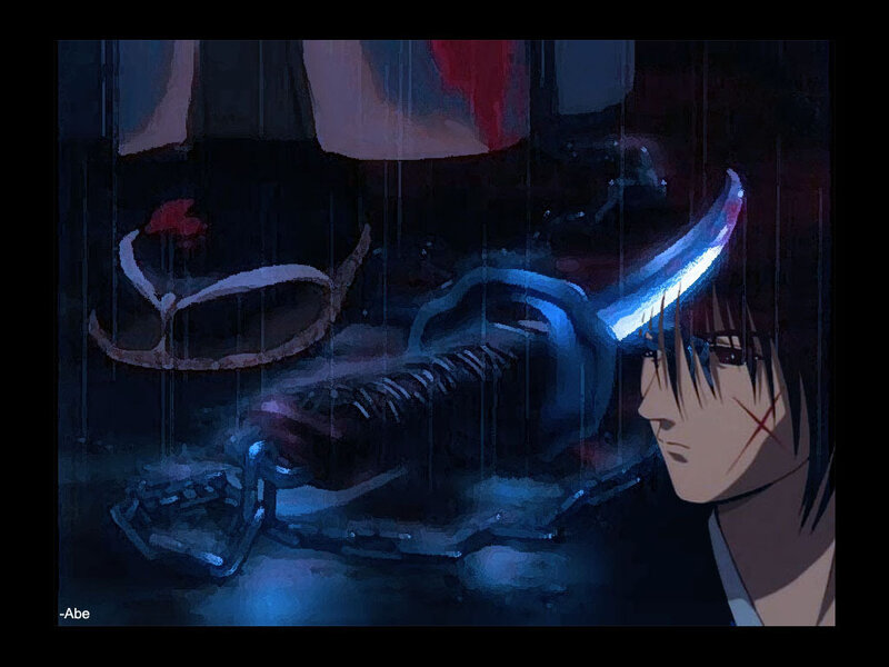 anime character with sword in rain