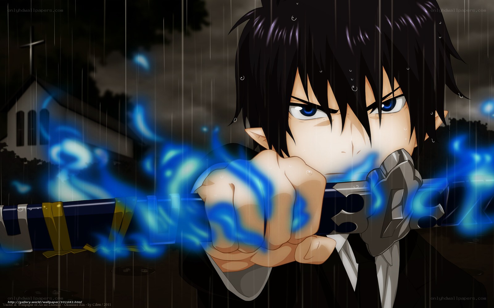 anime character with sword in rain