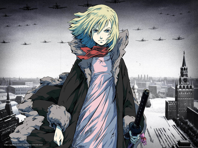 Anime character with sword in war-torn city