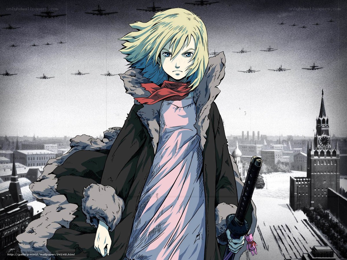 Anime character with sword in war-torn city