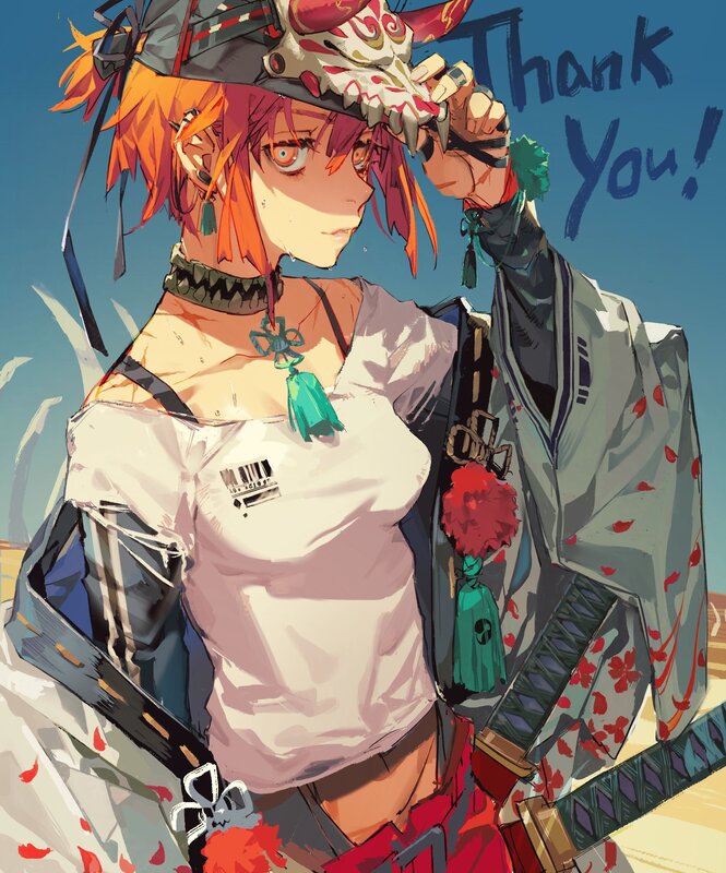 Anime Character with Sword — Orange, Dramatic, Afternoon, Digital Art