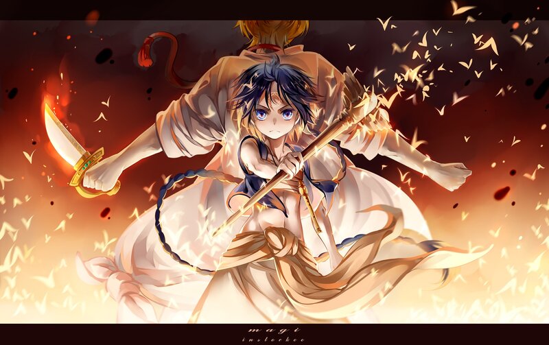 Anime Character with Sword — Orange, Dramatic, Digital Art, Flames