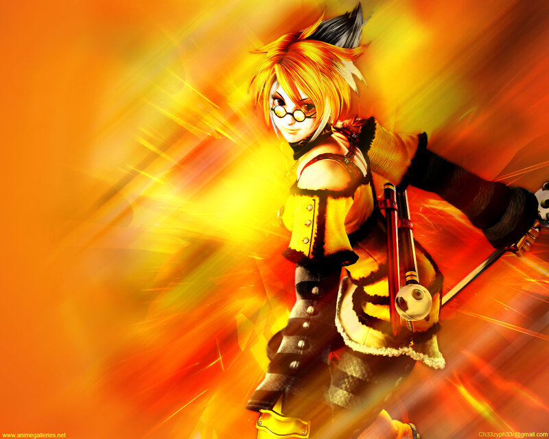 Anime Character with Sword — Orange, Dramatic, Digital Art, Glasses