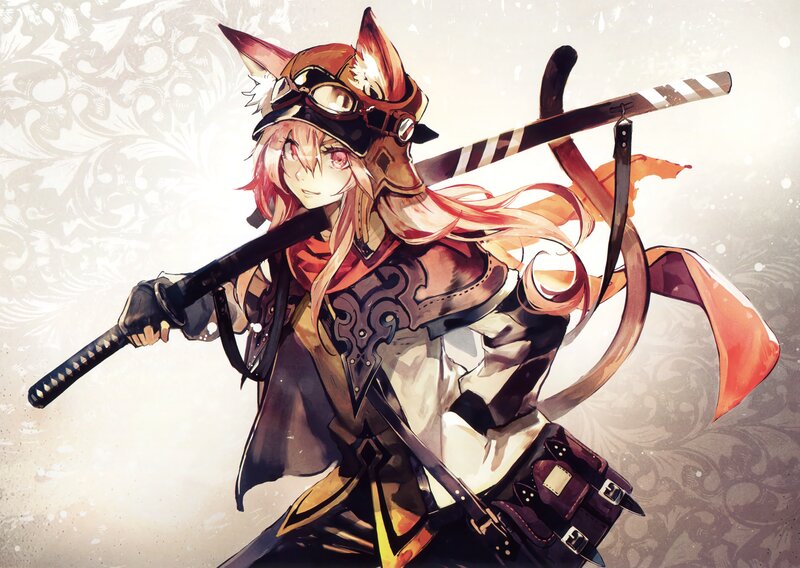 Anime Character with Sword — Orange, Dramatic, Digital Art, Goggles