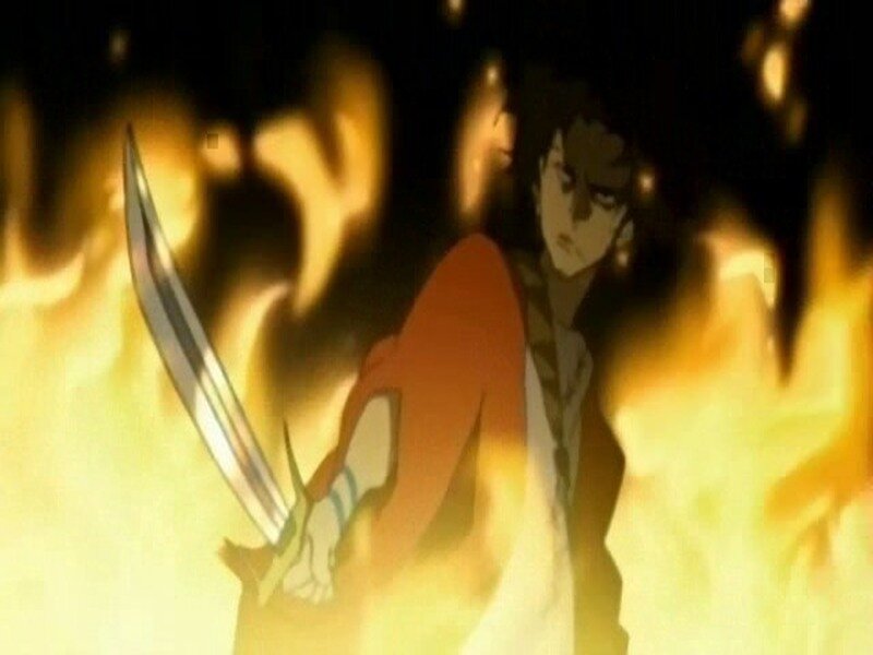 Anime Character with Sword — Orange, Dramatic, Fire