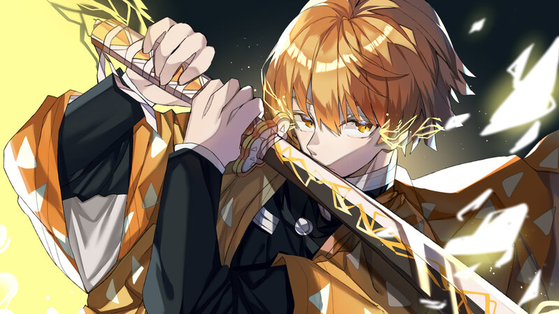 Anime Character with Sword — Orange, Dramatic, Flame Effects