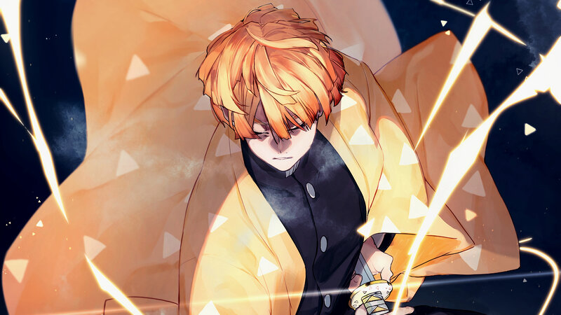 Anime Character with Sword — Orange, Dramatic, Night, Kimono