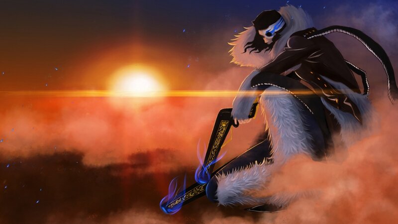 Anime Character with Sword — Orange, Dramatic, Sunset, Digital Art