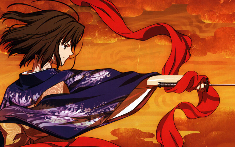 Anime Character with Sword — Orange, Dramatic, Sunset, Kimono, Red Ribbon