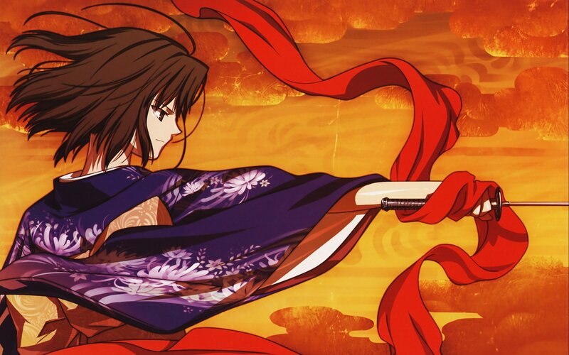 Anime Character with Sword — Orange, Dramatic, Sunset, Kimono, Red Sash
