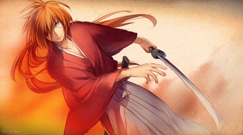 Anime Character with Sword — Orange, Dramatic, Sunset, Red Kimono