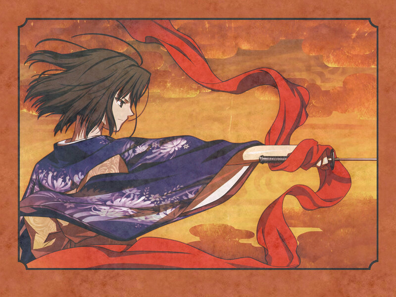 Anime Character with Sword — Orange, Dramatic, Sunset