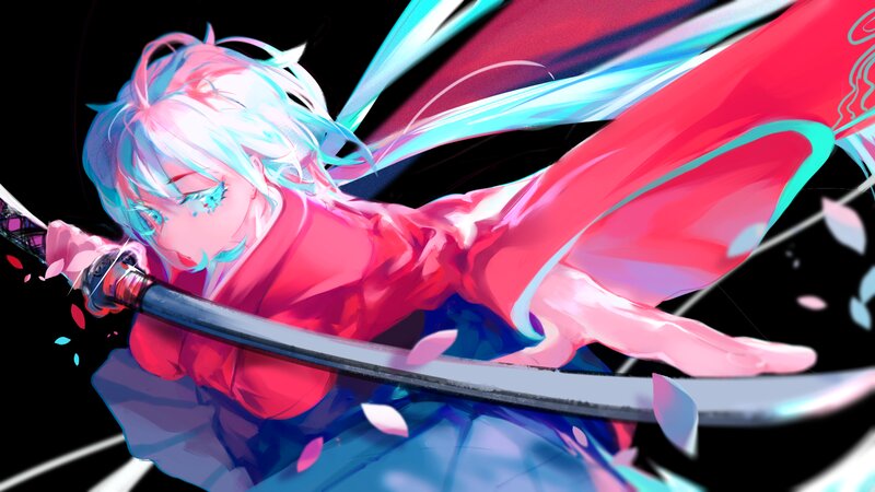 Anime Character with Sword — Pink, Dramatic, Digital Art, Sakura Petals