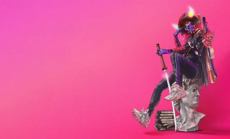 Anime Character with Sword — Pink, Dramatic, Digital Art, Statue Head