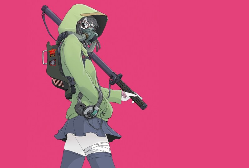 Anime Character with Sword — Pink, Dramatic, Gas Mask