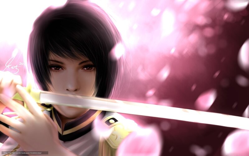 Anime Character with Sword — Pink, Dramatic, Spring, Digital Art, Cherry Blossoms