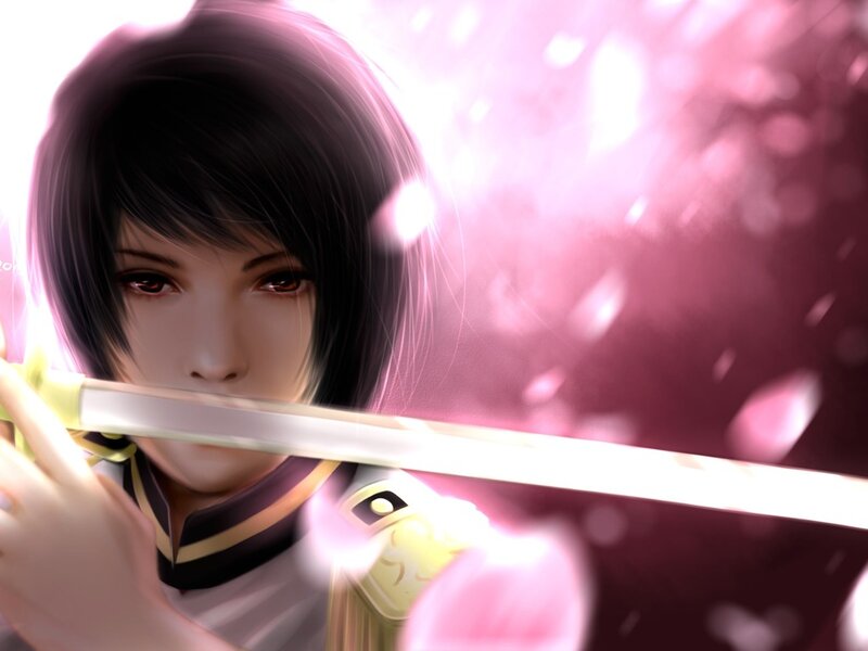 Anime Character with Sword — Pink, Dramatic, Spring
