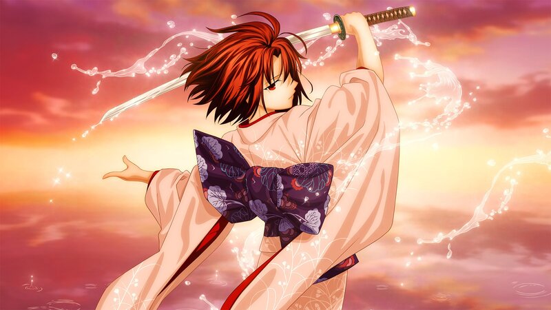 Anime Character with Sword — Pink, Dramatic, Sunset, Kimono, Orange