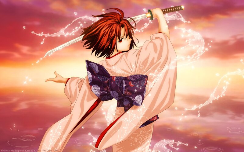 Anime Character with Sword — Pink, Dramatic, Sunset, Kimono