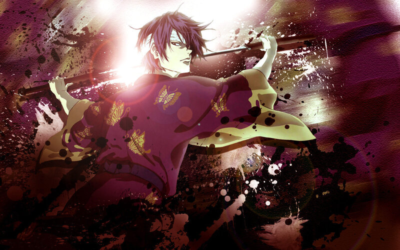 Anime Character with Sword — Purple, Dramatic, Butterflies
