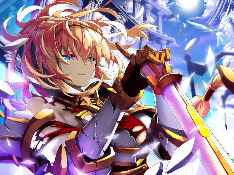 Anime Character with Sword — Purple, Dramatic, Digital Art, Armor, Shattered Glass