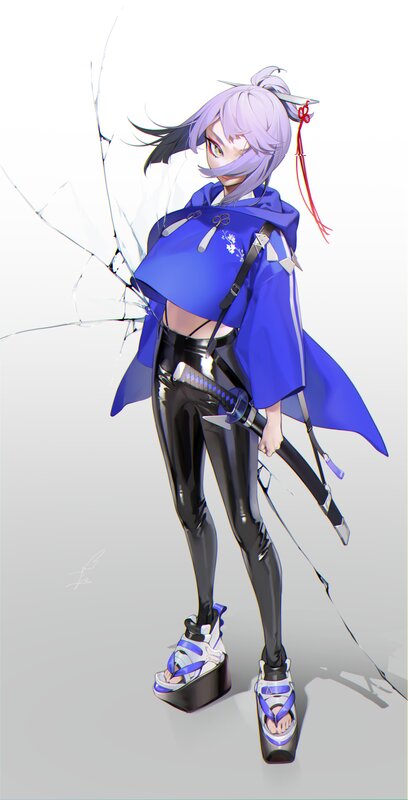 Anime Character with Sword — Purple, Dramatic, Digital Art, Blue Cloak