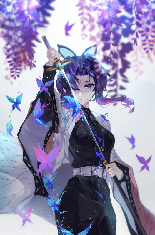 Anime Character with Sword — Purple, Dramatic, Digital Art, Butterflies
