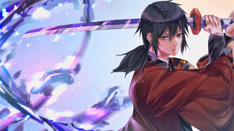 Anime Character with Sword — Purple, Dramatic, Digital Art, Energy Effect