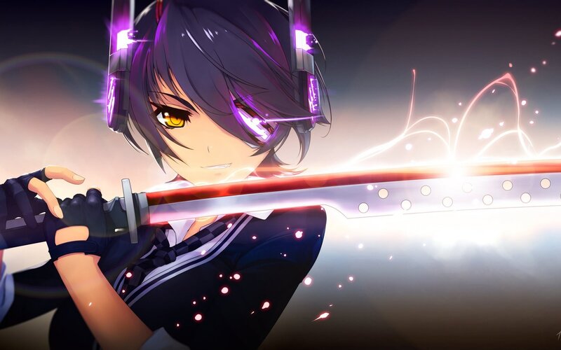 Anime Character with Sword — Purple, Dramatic, Digital Art, Headphones