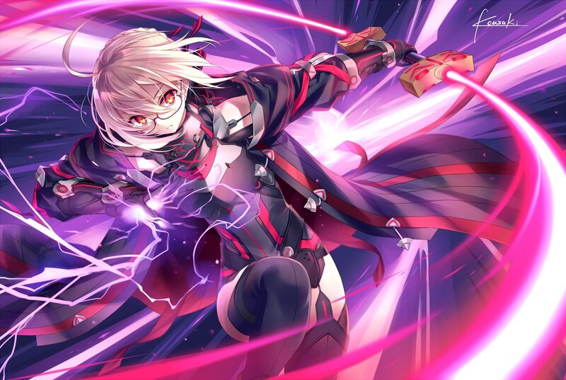 Anime Character with Sword — Purple, Dramatic, Digital Art, Lightning, Cape