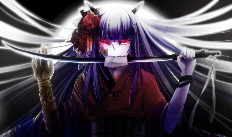 Anime Character with Sword — Purple, Dramatic, Digital Art, Mask