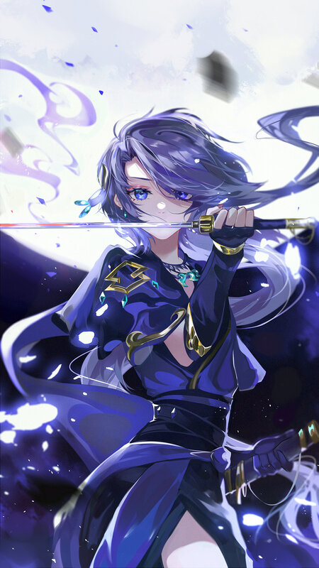 Anime Character with Sword — Purple, Dramatic, Digital Art, Purple Hair