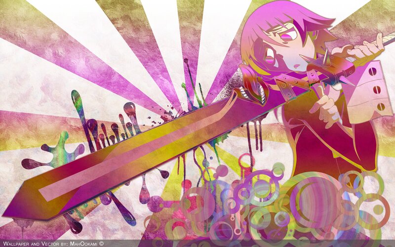 Anime Character with Sword — Purple, Dramatic, Digital Art, Splatter