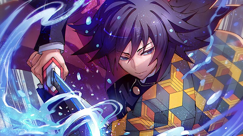 Anime Character with Sword — Purple, Dramatic, Digital Art, Water