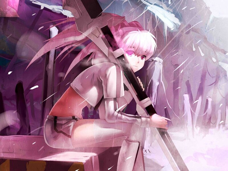 Anime Character with Sword — Purple, Dramatic, Digital Art, White Hair